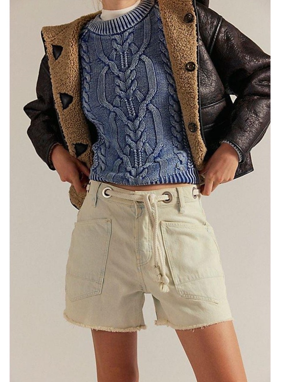 Free People We The Free Moxie Cream & Blue Utility Shorts with Drawstring NWT